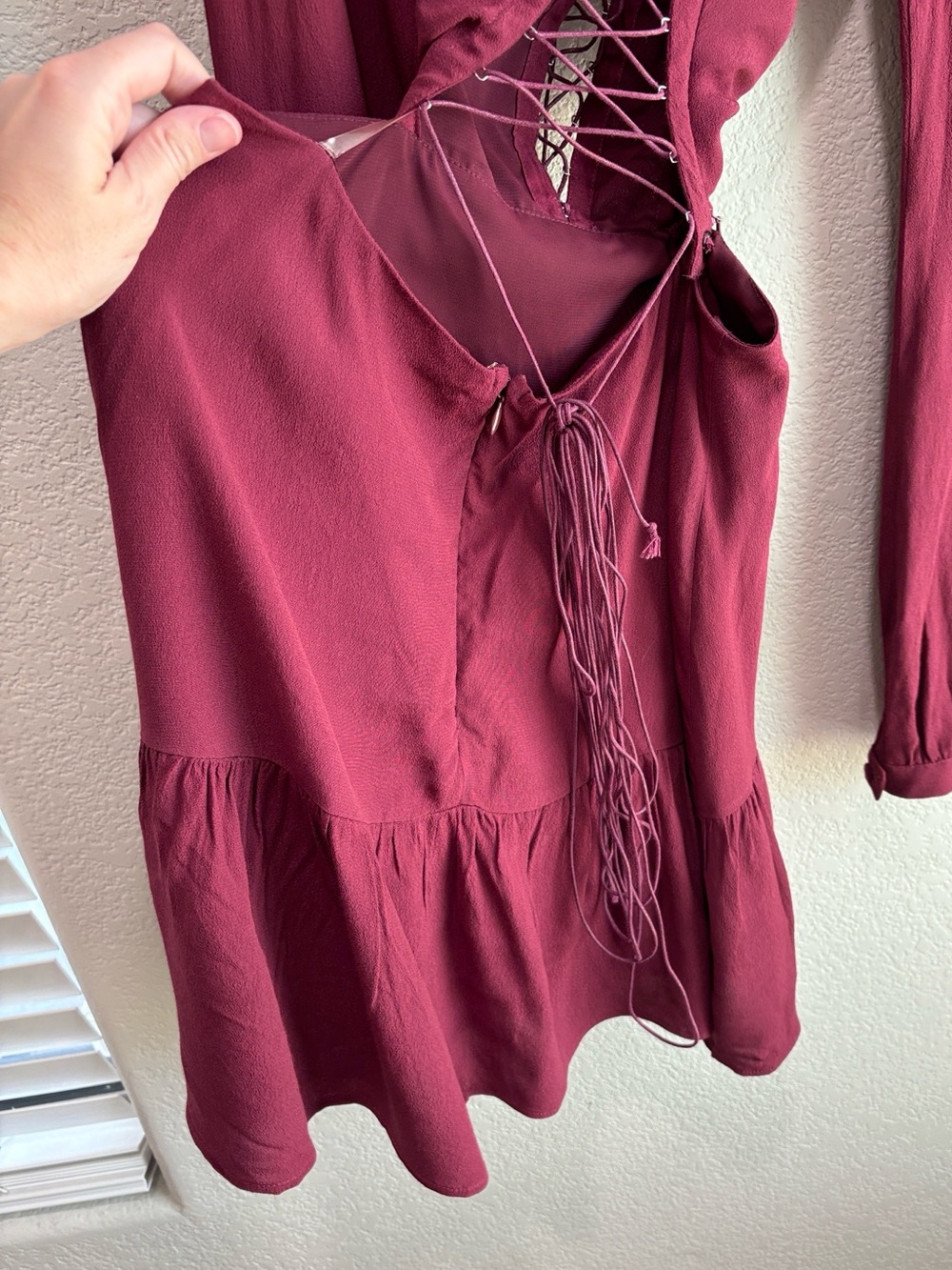 For Love & Lemons Lace Up Long Sleeve Mini Dress in Wine Red Size Small - Picture 8 of 10